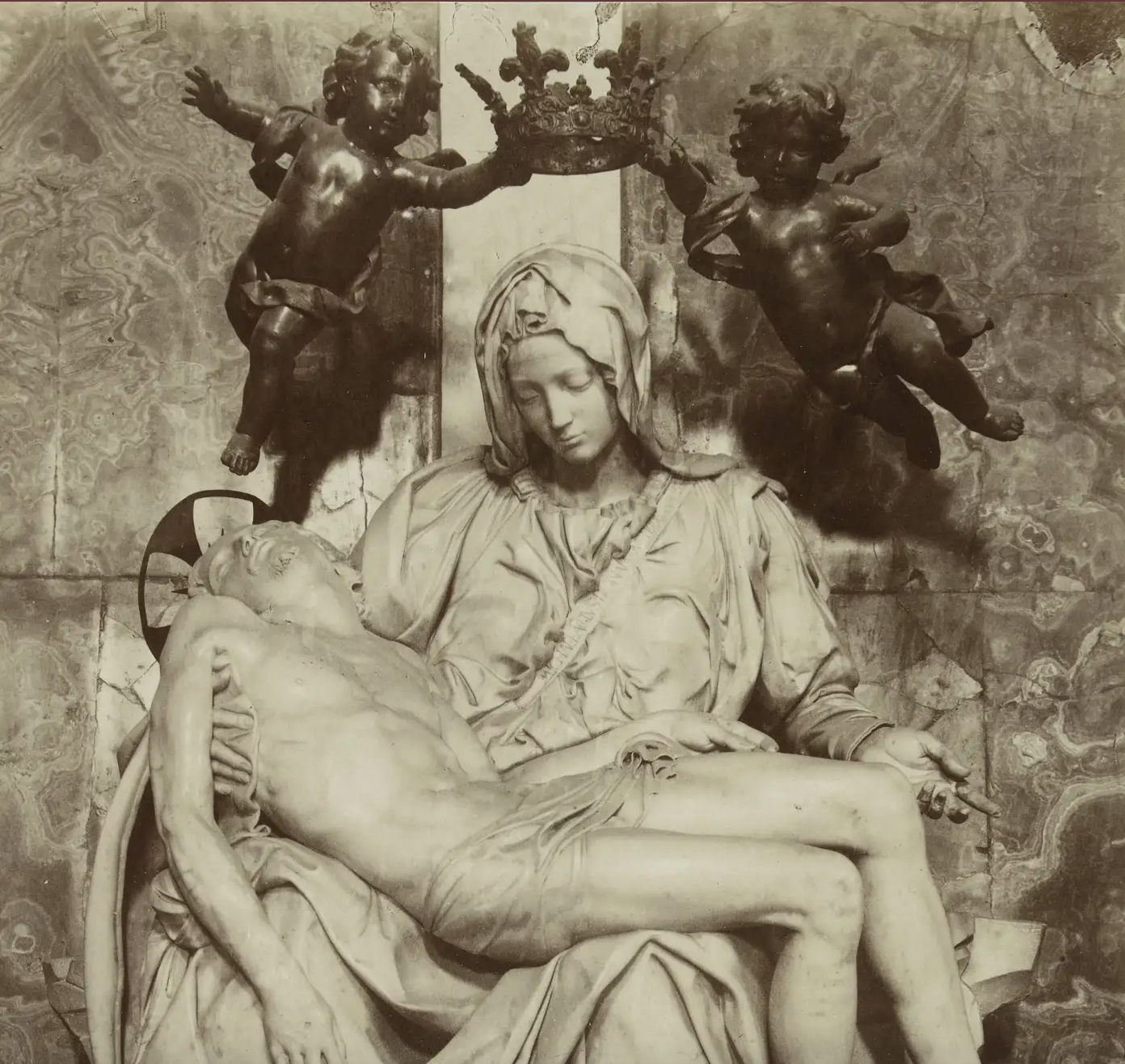 The Pieta by Michelangelo as it appeared with devotional additions (angels, crown, halo on Christ) until restorations in the late 20th century.