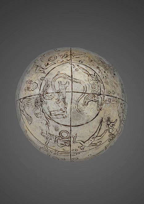 Silver celestial globe depicting 48 constellations, 300–100 BCE © Nicolas and Alexis Kugel Collection, Photo Guillaume Benoit