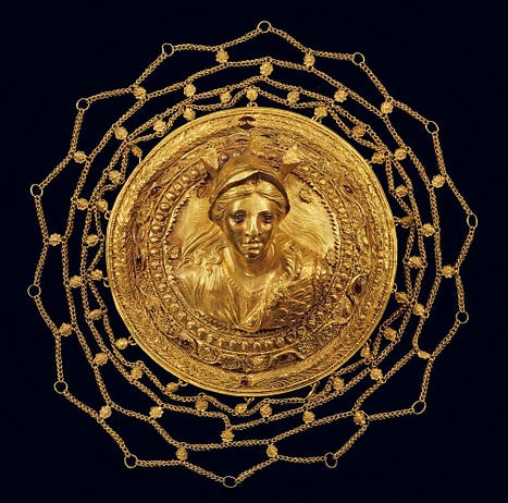 Gold headdress, (about 350–100 BCE) adorned with an image of Athena, Goddess of Wisdom © Benaki Museum, Athens