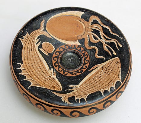 Fish plate, about 370–300 BCE, depicting marine diversity on loan from Kunstsammlungen Antike der Ruhr-Universität Bochum © Science Museum Group (3)