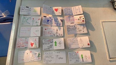 Ashley led a thank you/holiday/Saturnalia card writing session for the third graders’ teachers and parents on their last day together, introducing them to Latin letter conventions (e.g., “Salve,” “Vale,” “Gratias,” “S.V.B.E.E.V.” etc.)