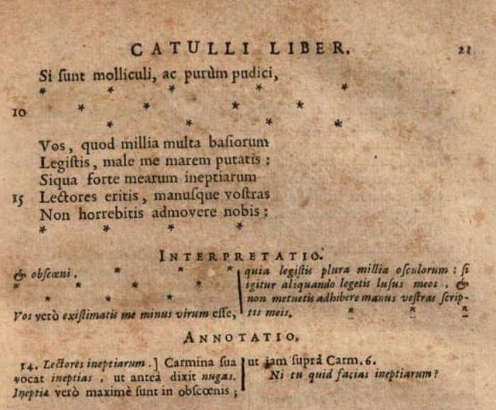  Asterisks replace offensive content in the Dubois’ 1685 Ad Usum Delphini edition of Catullus.
