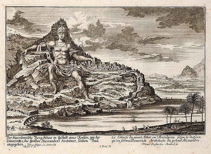  The first plan Dinocrates submitted for the city of Alexandria, on Mount Athos.
