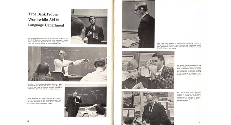  In medieval style, Roos (lower left) sometimes taught in his Princeton robes. (Culver Roll Call 1970)