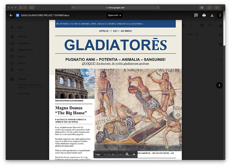 The front page of ‘Gladiatores’ Spring 2020 — co-edited between myself and my students.