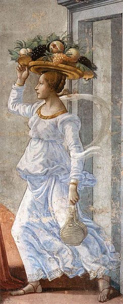  Running female figure in Ghirlandaio’s “Birth of John the Baptist.” Florence, Santa Maria Novella. Warburg’s nickname for this nymph was “Miss Hurry-Bring-It-Here.” (Image from Wikimedia Commons)X