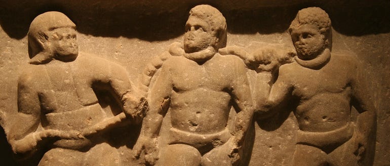  Roman soldier leading collared captives off to slavery, relief from Smyrna in the Ashmolean, Oxford. (Creative Commons/via Dorieo’s Flickr.)