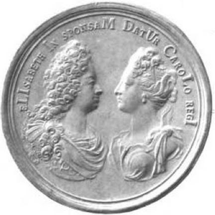  Elizabeth is given in marriage to King Charles (eLIsabeth In sponsaM DatVr CaroLo regI = 1708). Here, p. 157.