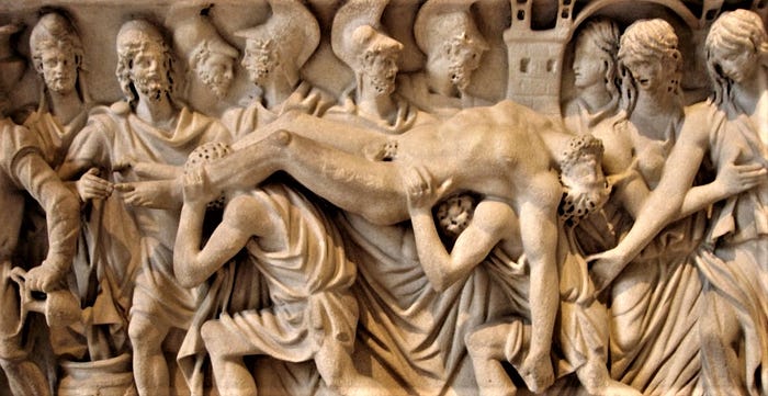 Hector being brought back to Troy (Roman sarcophagus, ca.180–200 C.E.)(Wikimedia Commons)