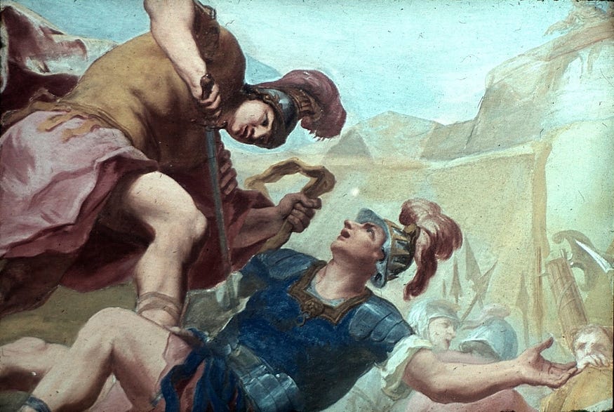 “And, as he speaks, he condit the steel…” (950) (Source)
