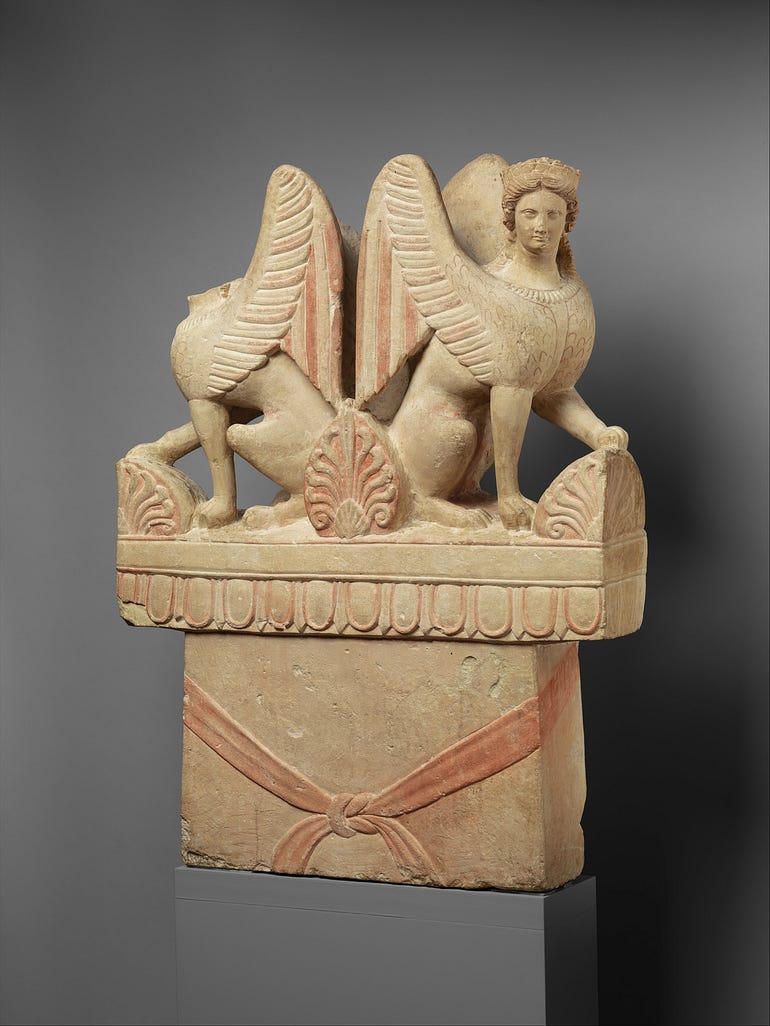  Limestone funerary stele (shaft) surmounted by two sphinxes. Cypriot. last quarter of the 5th century B.C. Metropolitan Museum of Art 74.51.2499.
