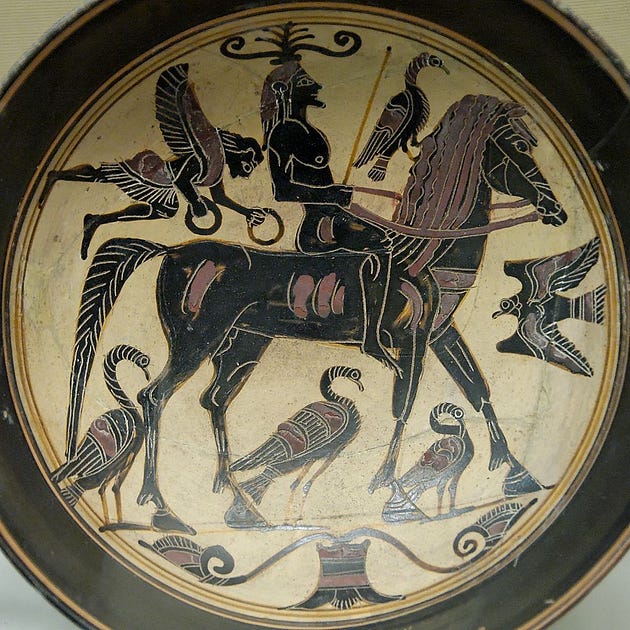  Rider with Birds and Nike, 6th cent. B.C. Laconian kylix, from the British Museum. (source)
