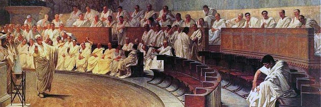  What could be more theatrical? “Cicero Denounces Catiline,” by Cesare Maccari, from the Italian Senate. (source)
