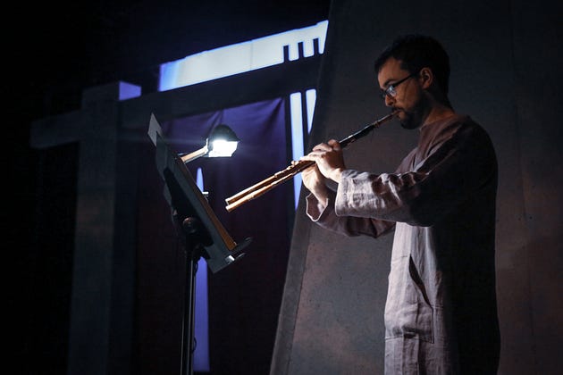  Callum Armstrong on the aulos. (Photo: Pamela Sisson)
