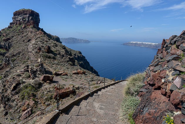  It’s quite the climb, but the benefits are evident (photo of Skaros rock on the island of Santorini, Greece (Jorge Lascar)).
