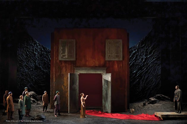  Clytemnestra (Kelley Curran) gives Agamemnon (Kelcey Watson) the red-carpet treatment in the Shakespeare Theatre’s Oresteia in Washington, D.C. (photo by Scott Suchman)

