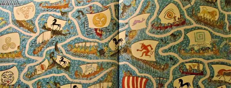 A detail from “The Trojan War, Part I: The Achaeans’ Journey,” by Jan Bajtlik.
